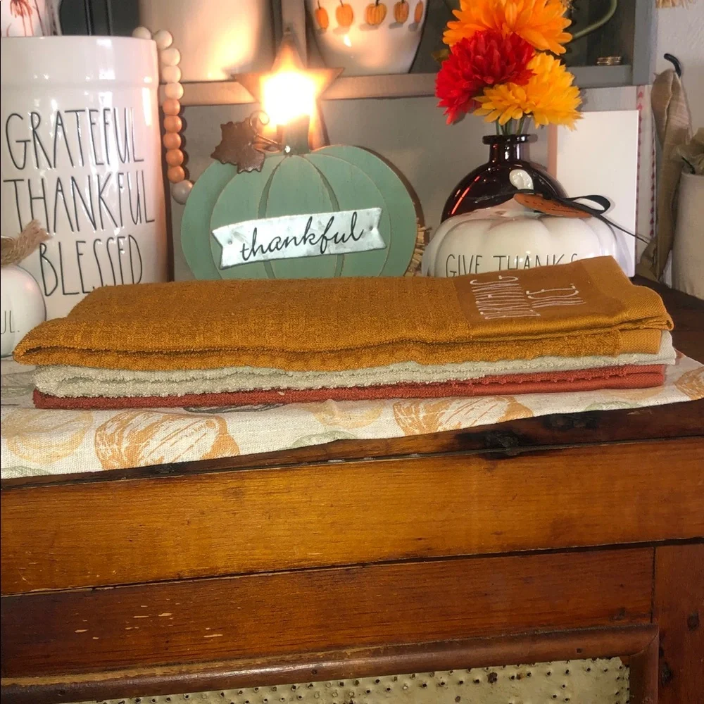 Rae Dunn PUMPKIN SPICE AND EVERYTHING NICE Set of 3 Embroidered Kitchen Towels